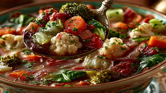 Fresh vegetable soup with cauliflower and broccoli in a large spoon