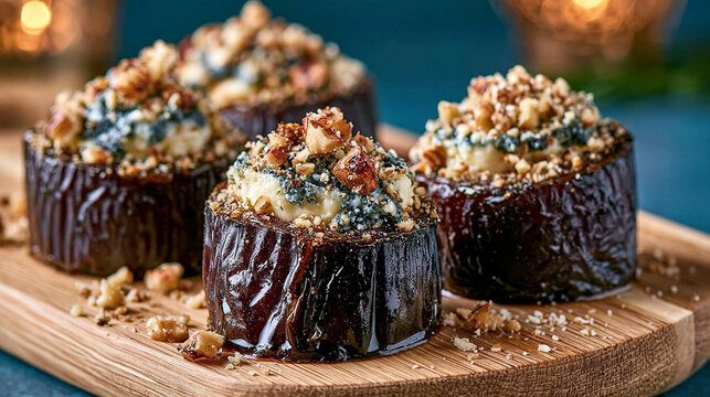 Roasted eggplant rolls filled with savory cheese and walnut topping