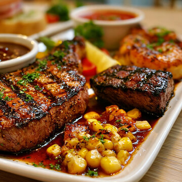 Grilled steak served with corn salad and side sauce on a ceramic plate