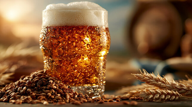 Glass of refreshing cold lager beer with wheat grain on wooden table