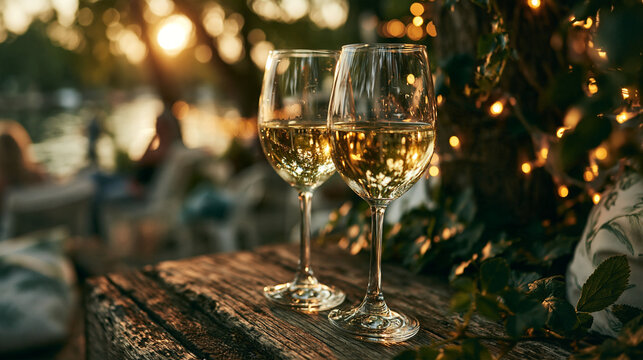 Two elegant wine glasses filled with white at sunset garden glass golden hour