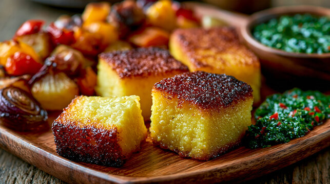 Cubed golden fried polenta served with roasted vegetables and fresh green herb sauce