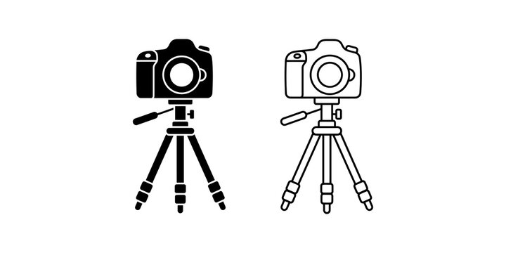 Camera on tripod icon set in solid and linear styles for photography equipment and video recording gear.