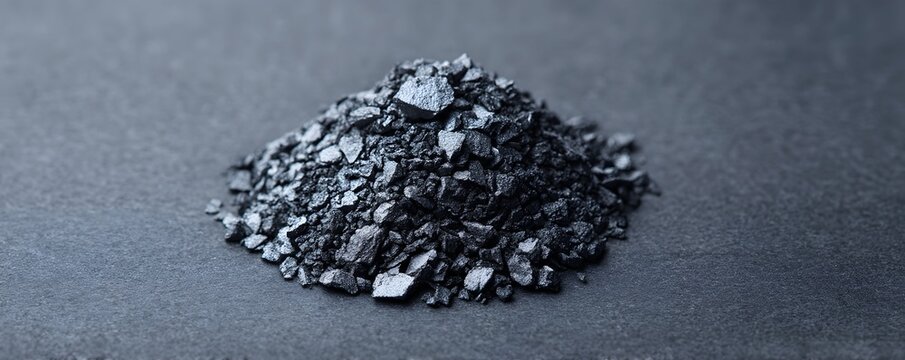 Critical minerals graphite flakes and powder heap on gray background