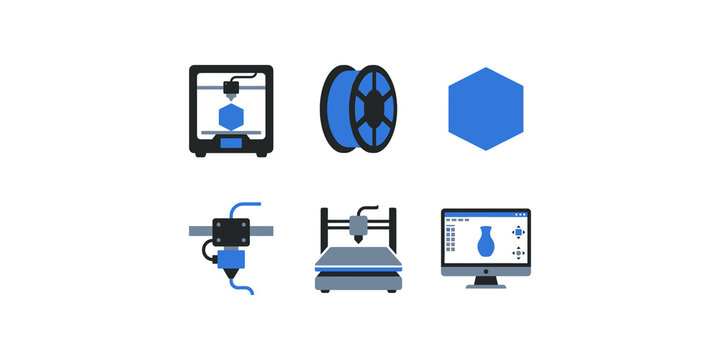 Industrial 3d printer equipment icons with filament spools and modeling software interface for additive manufacturing.