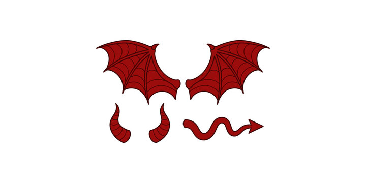 Devil costume accessories including red wings horns and tail for halloween cosplay and fantasy party outfit.