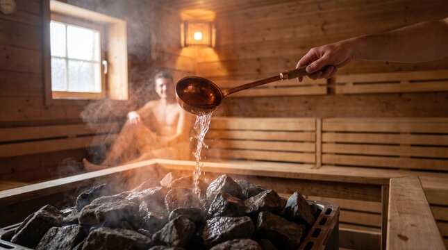 A person pouring water with a ladle onto hot stones in a traditional wooden Finnish sauna with steam rising and a relaxed man sitting in the background interior setting