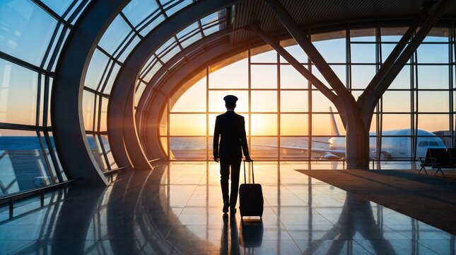 Silhouette of an airline pilot walking with luggage through a modern terminal building with large panoramic windows at sunset overlooking an airplane on the tarmac