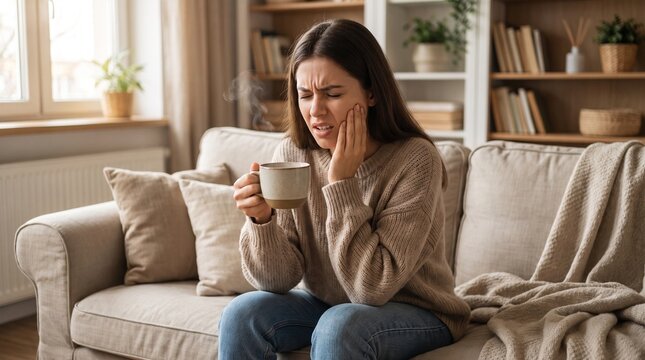 Young woman sitting on a couch in a living room holding a cup of hot tea and wincing from sharp tooth sensitivity or toothache pain in her jaw