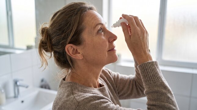 Mature woman applying eye drops in a bright bathroom, holding a small dropper bottle near her face, treating dry eyes or allergy symptoms with healthcare medicine, side profile indoor lifestyle shot