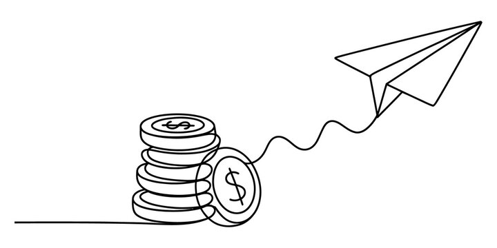 Continuous line drawing of paper plane flying from coin stack isolated on transparent background
