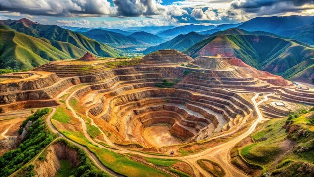 Aerial view of an open-pit copper mine in Peru with lush green forests and mountains in the background, earthy tones