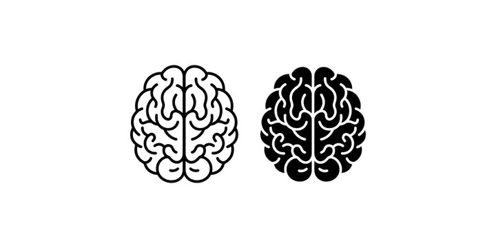 Human brain anatomy icons showing biological organ structure in black silhouette and outline for medical science.
