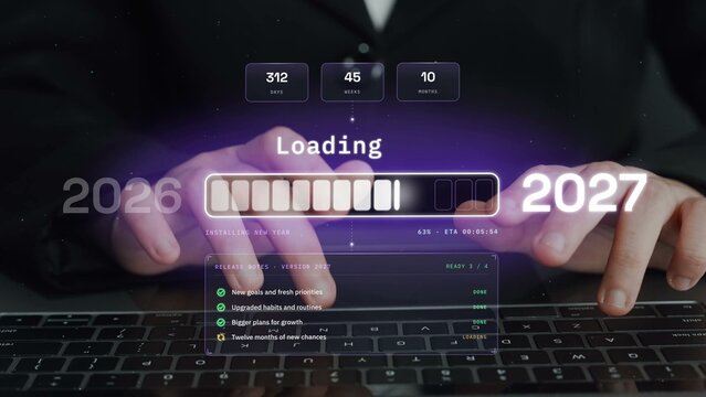 Countdown to 2027 shown as installing update, moving from 2026 to new year with resolutions, habits, motivation and twelve months of opportunity. Foretell.