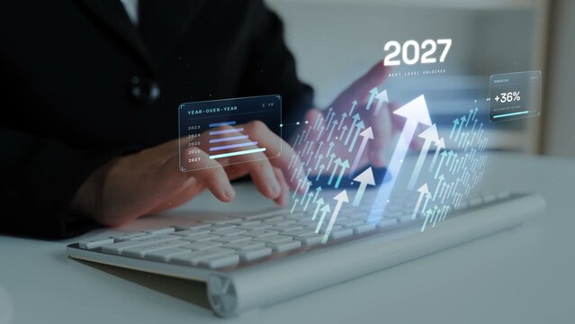 New year 2027 progress concept with many arrows moving up, showing improvement, achievement and positive business performance. Foretell.