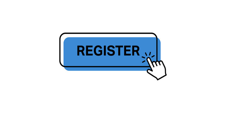 Register button with blue rectangular interface and black cursor icon for online web forms and account signup flows.