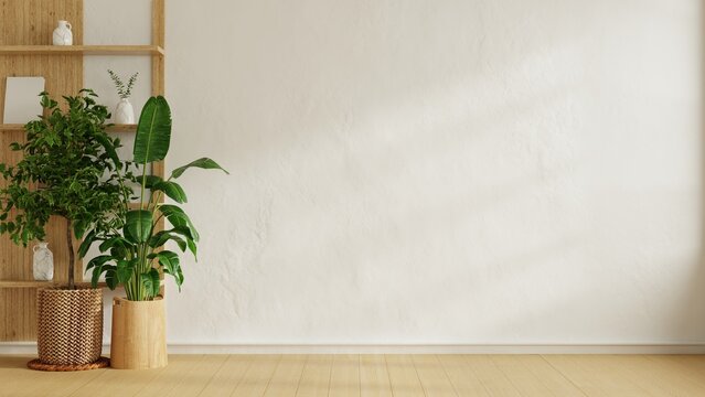 Mock up empty white wall in living room interior with plants- 3D rendering