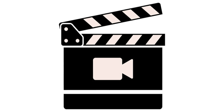 Film clapper board icon with camera silhouette in black and white flat graphic design for video production usage.