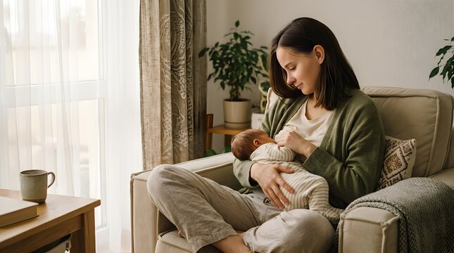 Tender moment of a loving mother breastfeeding her newborn baby in a cozy living room armchair
