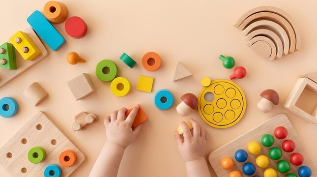Child hands playing with colorful wooden educational toys on beige background early development learning flat lay
