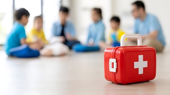 Red first aid kit box in the foreground with blurred children and teacher learning emergency medical skills in safety training classroom