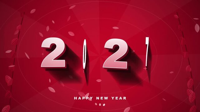 Red background displaying white dimensional numbers and small floating confetti pieces in a minimal holiday layout.