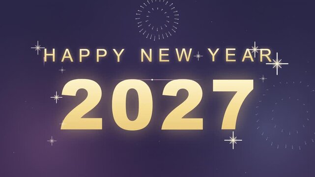 Happy New Year 2027 typography featuring golden numbers and glowing light accents set on a dark purple background.