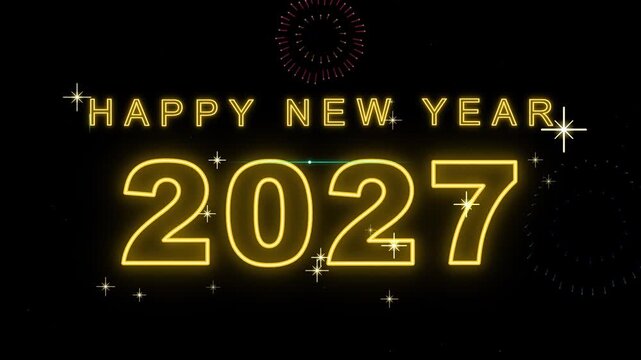 New Year 2027 text in glowing gold typography with sparkly star elements isolated against a dark black night sky.