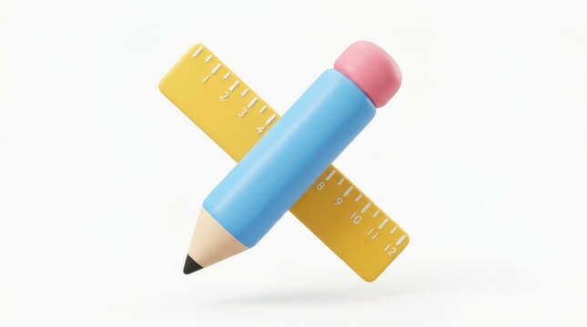 3d illustration of a pencil and a ruler crossed isolated on white background