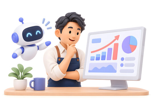 Small Business Owner Using AI Data Insights, 3D Illustration