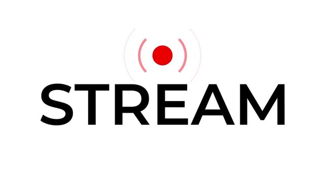 Stream signal animated online media broadcasting logo with radiating red wireless waves on top in loop motion on 4k white screen background.