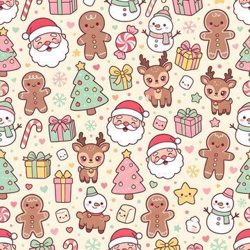Kawaii Christmas Seamless Pattern with Cute Santa Reindeer Snowman and Gingerbread Man Character