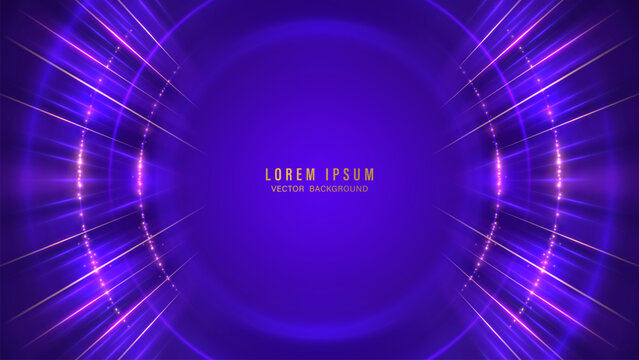 Neon purple light rays and glowing circle frame elegant vector background
