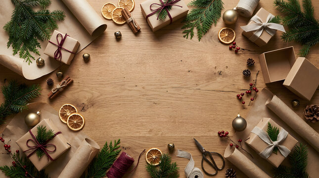 Rustic Christmas Gift Wrapping Flat Lay Frame with Eco Paper and Copy Space