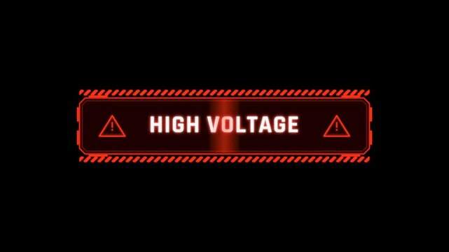 Animated futuristic high voltage warning sign with red glowing interface elements and caution tape borders on black background