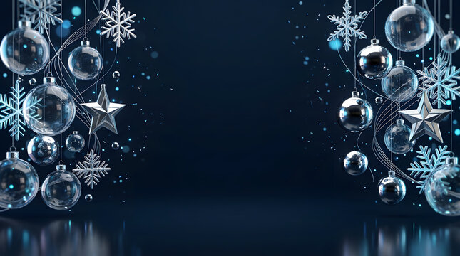 Dark blue Christmas banner background with elegant glass baubles snowflakes stars and copy space