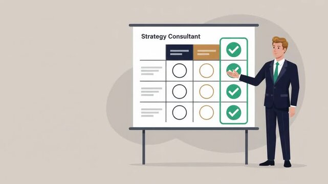Strategy Consultant Presenting Business Success Plan with Checkmarks Animation