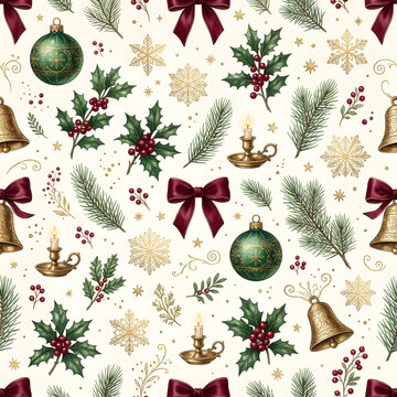 Vintage Christmas seamless pattern with holly berries pine branches golden bells and bows