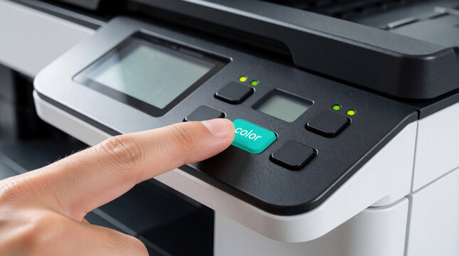 Close up of human hand pressing turquoise color button on multifunction printer control panel. Person operates digital office machine for printing documents. User interacts with electronic device