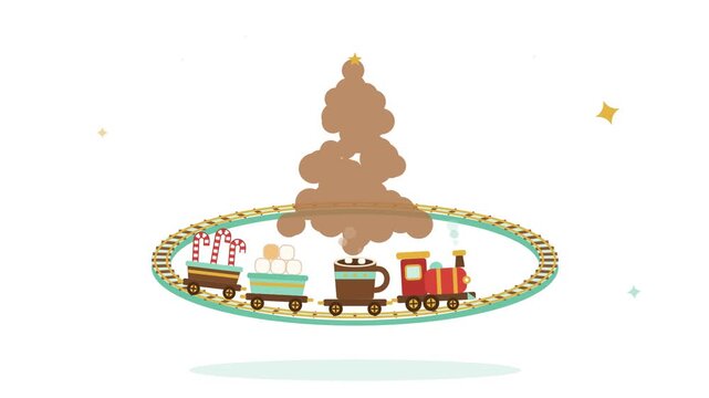 Stylized 2D animation sequence featuring festive toy trains carrying holiday treats and gifts on turquoise circular tracks against a white background. Ideal for holiday video greetings.