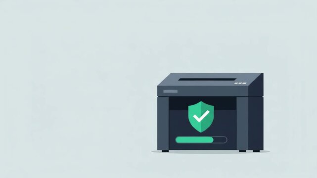 Corporate printer animation featuring a document with a security shield and progress bar for data protection