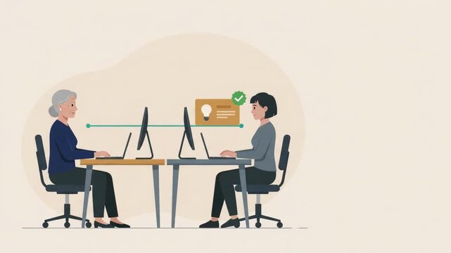 Knowledge transfer and mentorship between two generations in a corporate office flat 2D animation