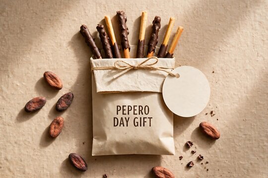 Pepero day gift bag with chocolatecovered biscuit sticks and cocoa beans on a textured beige background