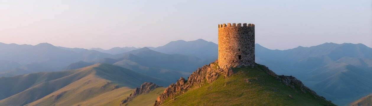 Data sovereignty crenellated stone tower on hilltop with mountains