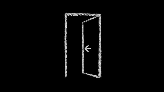 Open Exit Door With Arrow Stop Motion Hand-Drawn Animation Grunge Brushstroke Element on Pitch Black Background For Luma Matte Overlay And Creative Video Compositing