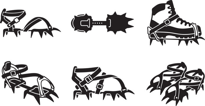 Ice climbing crampons and ice axe vector icons set