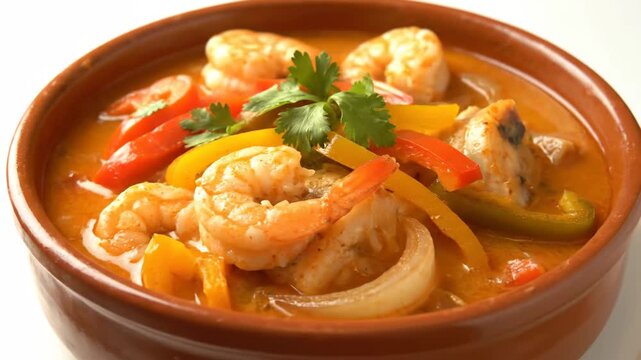 Shrimp soup with bell peppers cilantro in clay pot slow turntable
