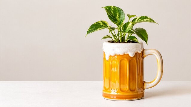 ビールみたいな鉢植えと観葉植物。AIで生成。