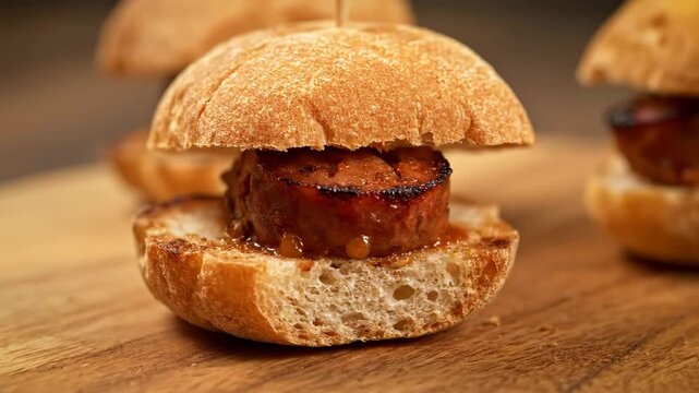Close up cinematic video of grilled chorizo sausage burger appetizer