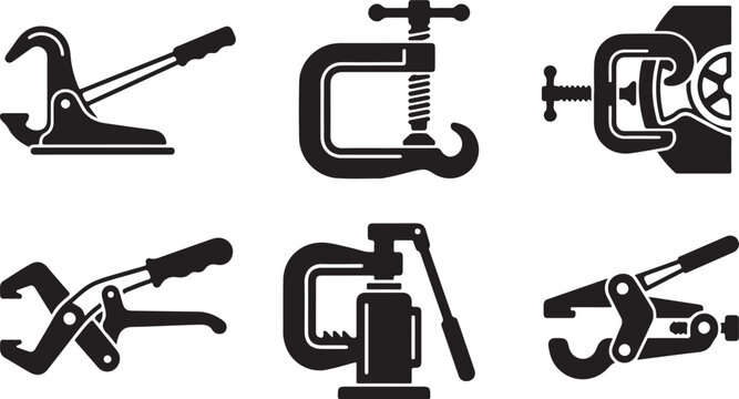 Six black-and-white clamp tire-bead tools vector icons set